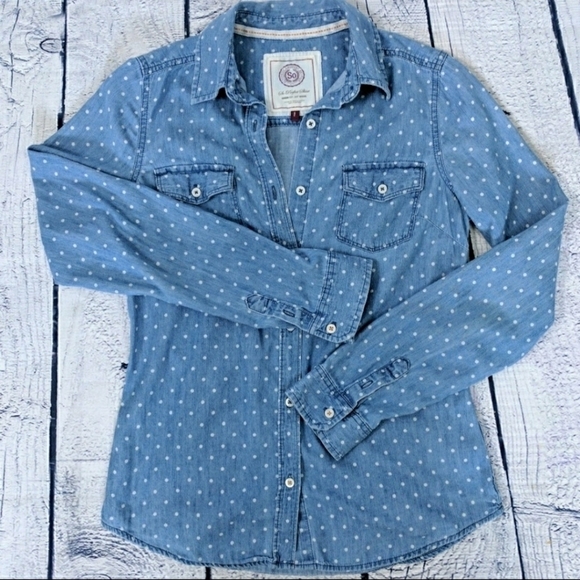 SO Perfect Shirt Button Chambrey Swiss Dots Juniors / Jr XL Blue White Spring - Picture 1 of 6